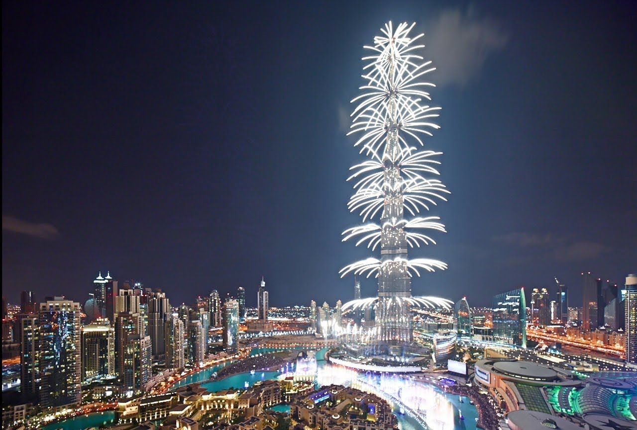Dubai's Burj Khalifa is lit up with fireworks